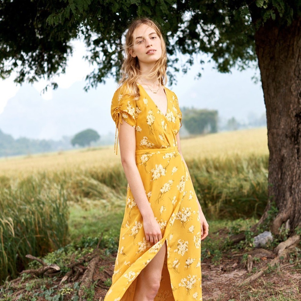 Madewell 100% silk yellow floral faux wrap dress